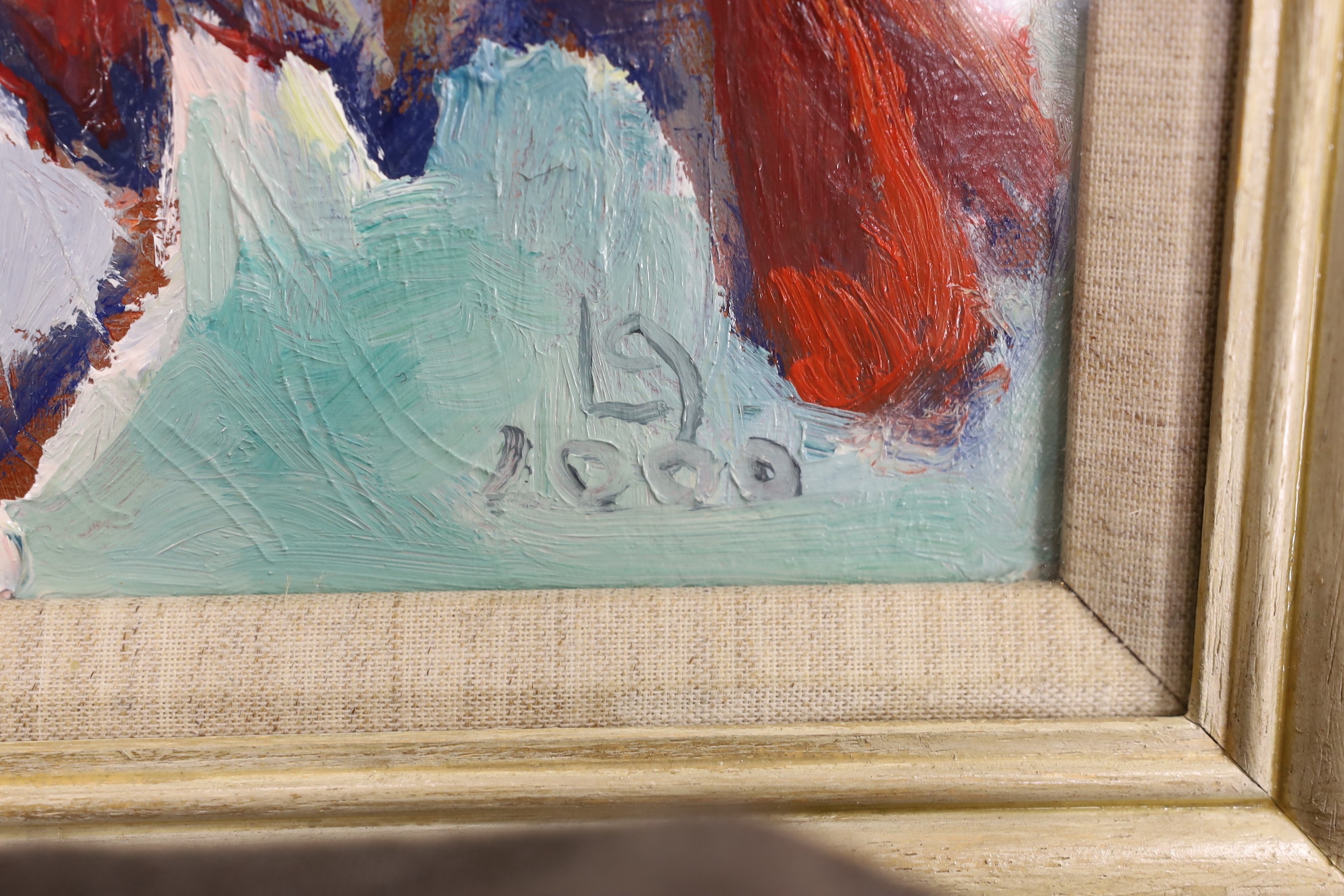 Modern British, oil on canvas, Boy and a lobster, initialled and dated 2000, 30 x 40cm